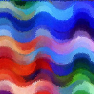 The primary subject of the image is a colorful, abstract painting featuring a wave-like pattern. The setting is a canvas, and the visual style is a combination of digital art and illustration. The dominant colors in the painting are red, blue, and green, creating a vibrant and lively atmosphere.